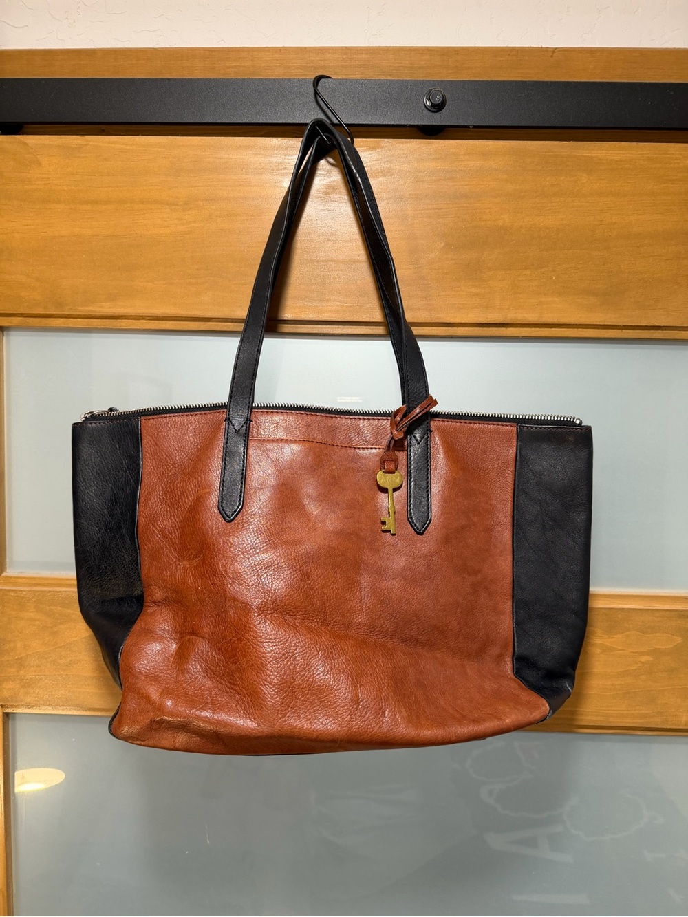Fossil Two-Tone Leather Tote Bag in Brown and Black